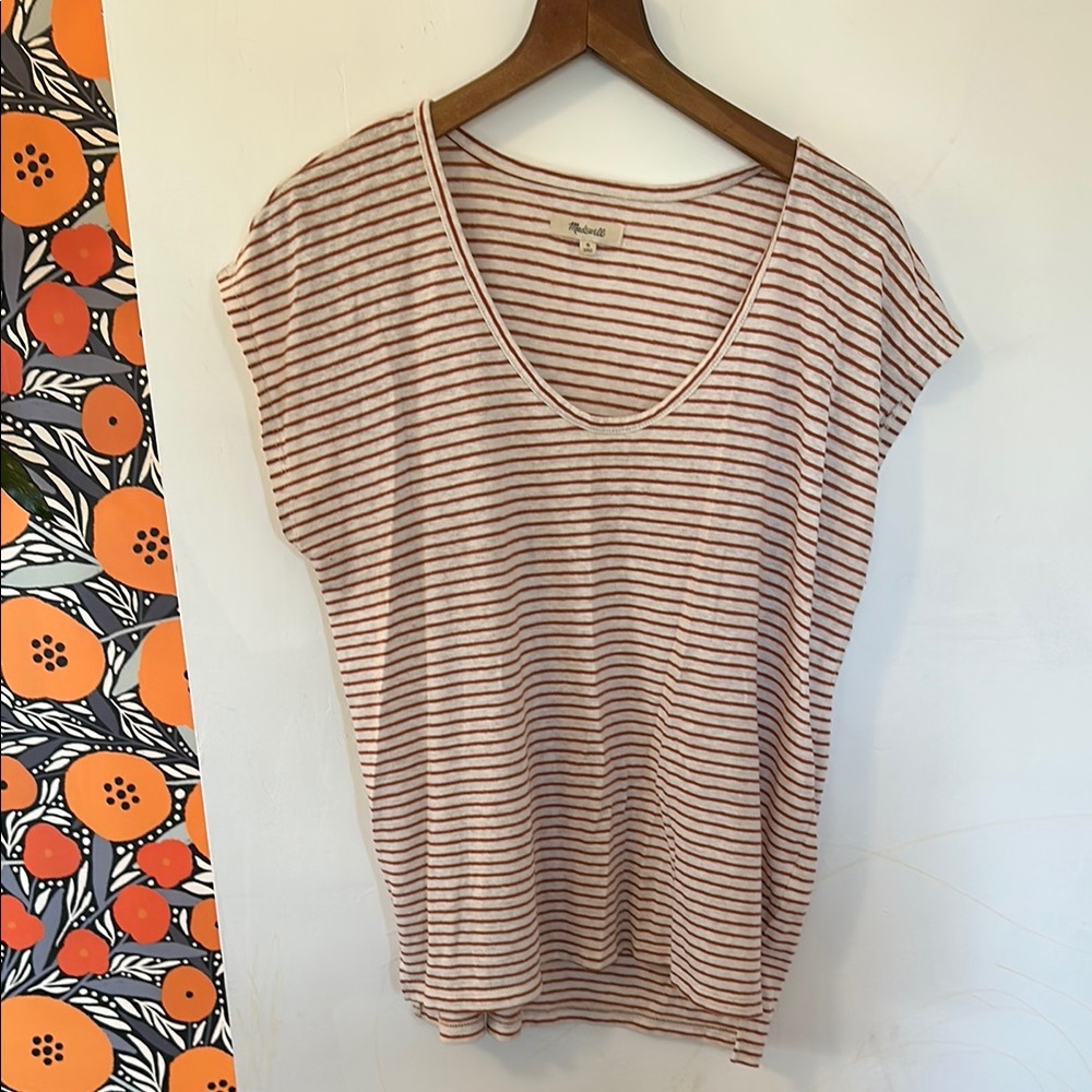 Madewell Striped V-Neck Tee - orange and cream size Medium